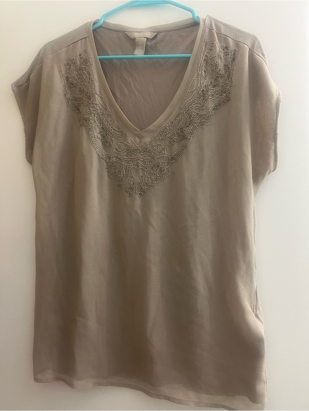 Banana Republic Taupe Beaded V-Neck Blouse